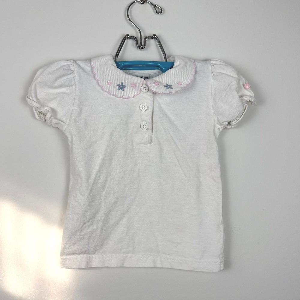 Vintage OshKosh Bgosh Toddler Girls White Embroidered Floral Polo Shirt 2T USA